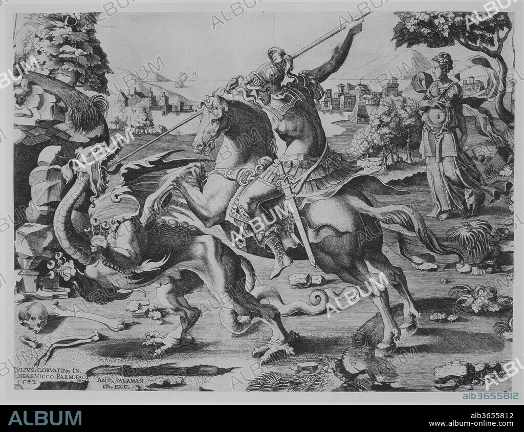 St George Killing the Dragon. Artist: Engraved by Enea Vico (Italian, Parma 1523-1567 Ferrara); After Giulio Clovio (Italian, Brizane 1498-1578 Rome). Dimensions: sheet: 10 1/16 x 13 9/16 in. (25.6 x 34.4 cm). Published in: Rome. Publisher: Published by Antonio Salamanca (Salamanca 1478-1562 Rome). Date: 1542.