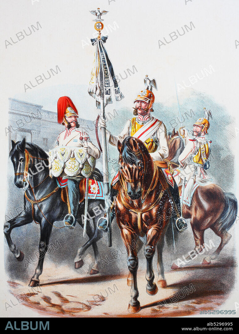 Royal Prussian Army, Guards Corps, Gardes du Corps, personal bodyguard of the king of Prussia, Preußens Heer, preussische Garde, Regiment der Garde du Corps,  Kürassierregiment, Pauker, Standarten Unteroffizier, Offizier, Digital improved reproduction of an illustration from the 19th century.