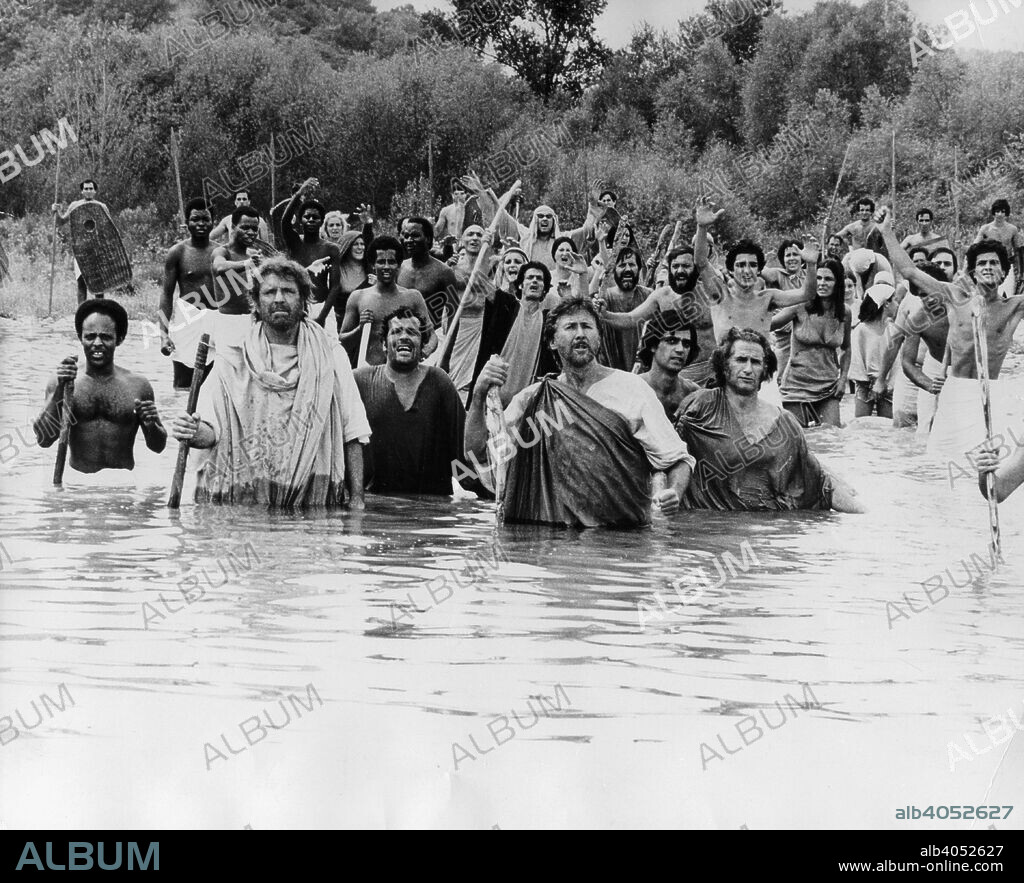 Burt Lancaster (1919-1994) in Moses the Lawgiver, 1975. Scene from the film, with Anthony Quayle as Aaron (foreground). The Anglo-Italian production was directed by Gianfranco de Bosio, produced by Vincenzo Labella, and written by British novelist Anthony Burgess, Italian author Vittorio Bonicelli and Gianfranco de Bosio. Courtesy of Scotia-Barber. For editorial uses only, all other uses to be cleared.