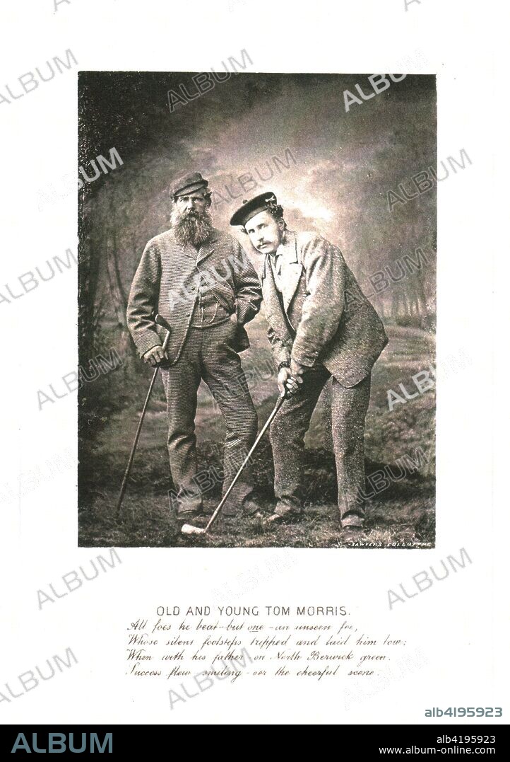 'Old and Young Tom Morris', c1870. Scottish golfer 'Old 'Tom Morris (1821-1908) was one of the outstanding figures of early competitive golf. He won the Open Championship four times, in 1861, 1862, 1864 and 1867. On his 64th birthday he remained a good enough golfer to complete a round at St Andrews in 81 strokes. His son 'Young' Tom Morris (1851-1875) was also a professional golfer. Collotype reproduction of an original photograph with poetic caption.