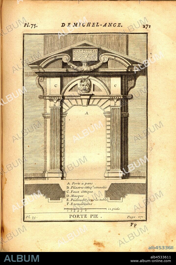 Pie Door, Porta Pia in Rome, Pl. 75, p. 271, 1720, Augustin-Charles d'Aviler: Cours d'architecture: qui comprend les ordres de Vignole, avec des commentaires, les figures & descriptions de ses plus beaux bâtimens, & de ceux de Michel-Ange, plusieurs nouveaux desseins, ornemens & préceptes, contenant la distribution, la décoration, la matière & la construction des édifices, la maçonnerie, la charpenterie, la couverture, la serrurerie, la menuiserie, le jardinage & tout ce qui regarde l'art de bâtir: avec une ample explication par ordre alphabetique de tous les termes. A Paris: chez Jean Mariette, MDCCXX [1720].