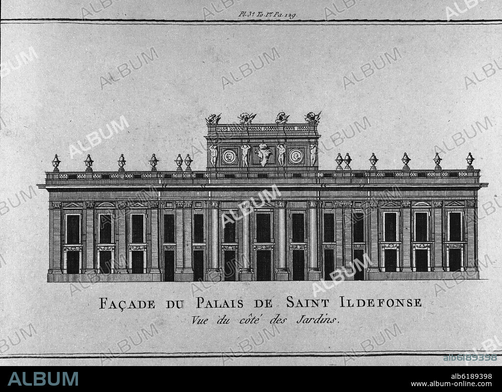 FACHADA DEL PALACIO DE SAN ILDEFONSO - GRABADO SIGLO XVIII.