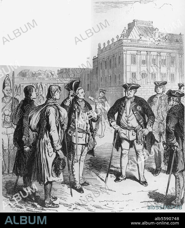 Frederick William I (German: Friedrich Wilhelm I), 1688 - 1740, King in Prussia and Elector of Brandenburg from 1713 until his death. Potsdam Giants and Frederick William I of Prussia. Woodcut after a drawing Ludwig. Burger (1825-1884). From:  Ferdinand Schmidt, Preußens Geschichte in Wort und Bild, Berlin (Franz Lobeck) 1862.