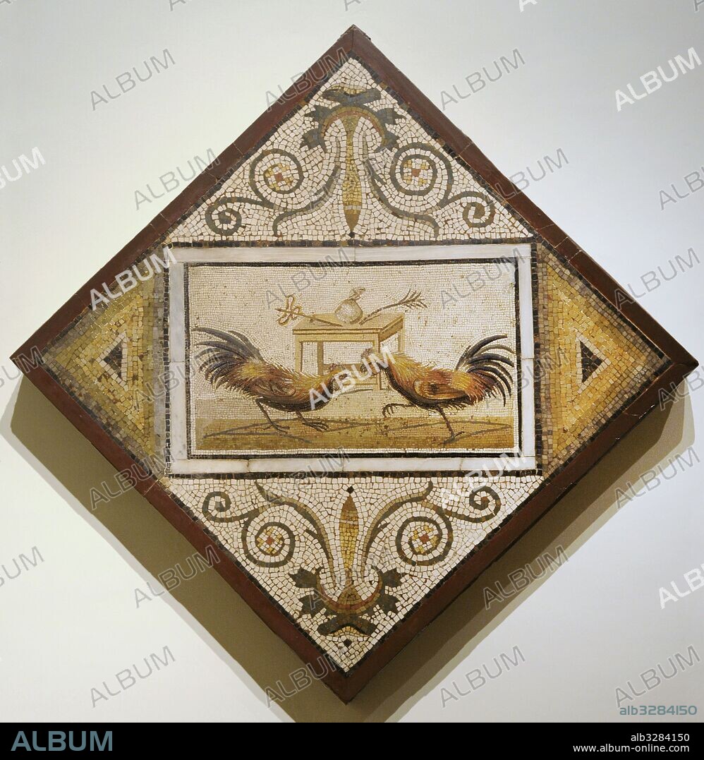 Mosaico romano. Pelea de gallos. Colección Santangelo. Museo Arqueológico Nacional. Nápoles. Italia.