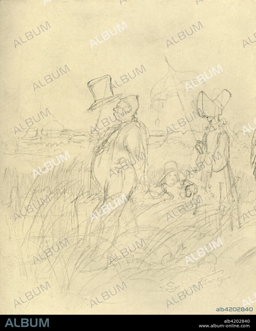 'Sonntagsspaziergang', mid-late 19th century, (c1924). 'Sunday walk'. People strolling in the countryside - the man has removed his top hat. From "Die gute alte Zeit: Zeichnungen von Karl Spitzweg", (The Good Old Days: drawings by Karl Spitzweg). [Benjamin Harz, Berlin-Vienna, c1924].