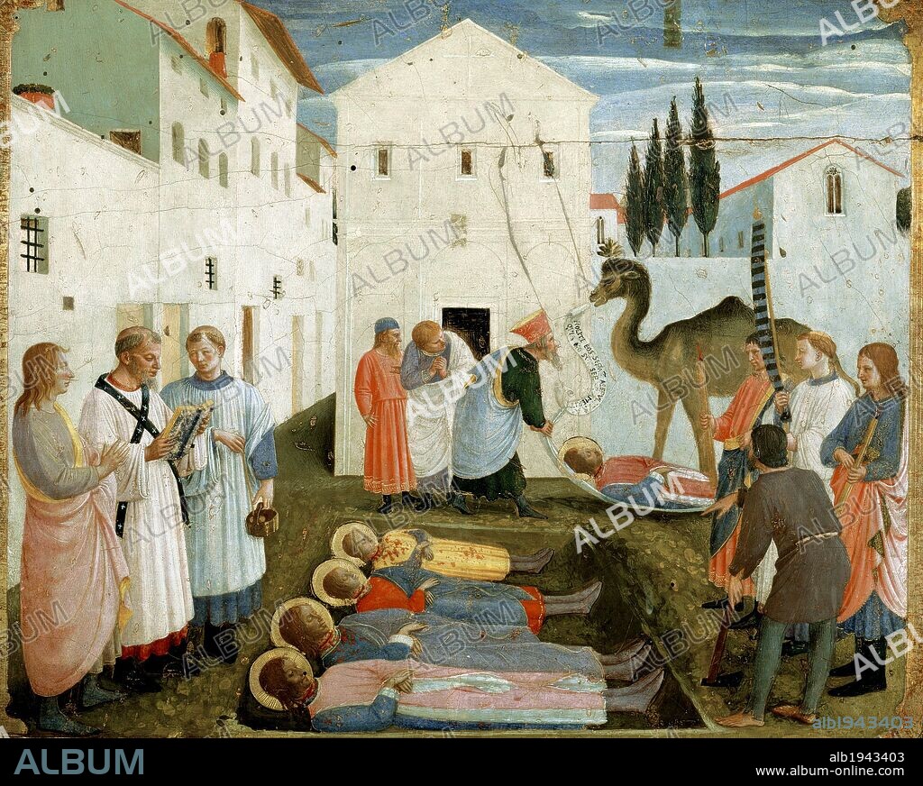 FRA ANGELICO. ARTE RENACIMIENTO-QUATTROCENTO. ITALIA. ANGELICO, Fra (Vicchio di Mugello, h.1387-Roma, 1455). Pintor toscano del primer renacimiento, perteneciente a la escuela florentina. Detalle de la Pradela perteneciente al Altar de San Marcos. Representación de la sepultura de los santos COSME y DAMIAN. Tempera sobre tabla. 1438-40. Museo de San Marcos. Florencia. Italia.