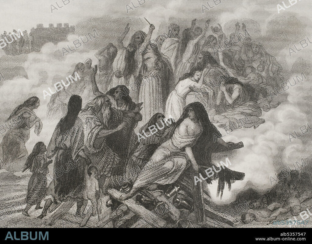 Iberian Peninsula. The Siege of Saguntum (219 BC). The battle took place between the Carthaginians, leaded by Hannibal Barca (247-183 BC) and the Saguntines at the Roman settlement of Saguntum. This act sparked off the Second Punic War (218 BC-202 BC) between Rome and Carthage. Engraving. Las Glorias Nacionales. Volume I, Madrid-Barcelona edition, 1852.