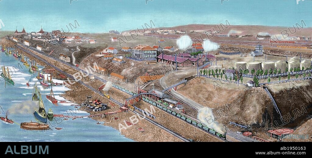 Russia. 19th century. Tsaritsyn (Eastern Russia). Now Volgograd. City and harbor. On the right, refined petroleum deposits from the mines of Baku. Engraving of "The Spanish and American Illustration", 1884. Colored.