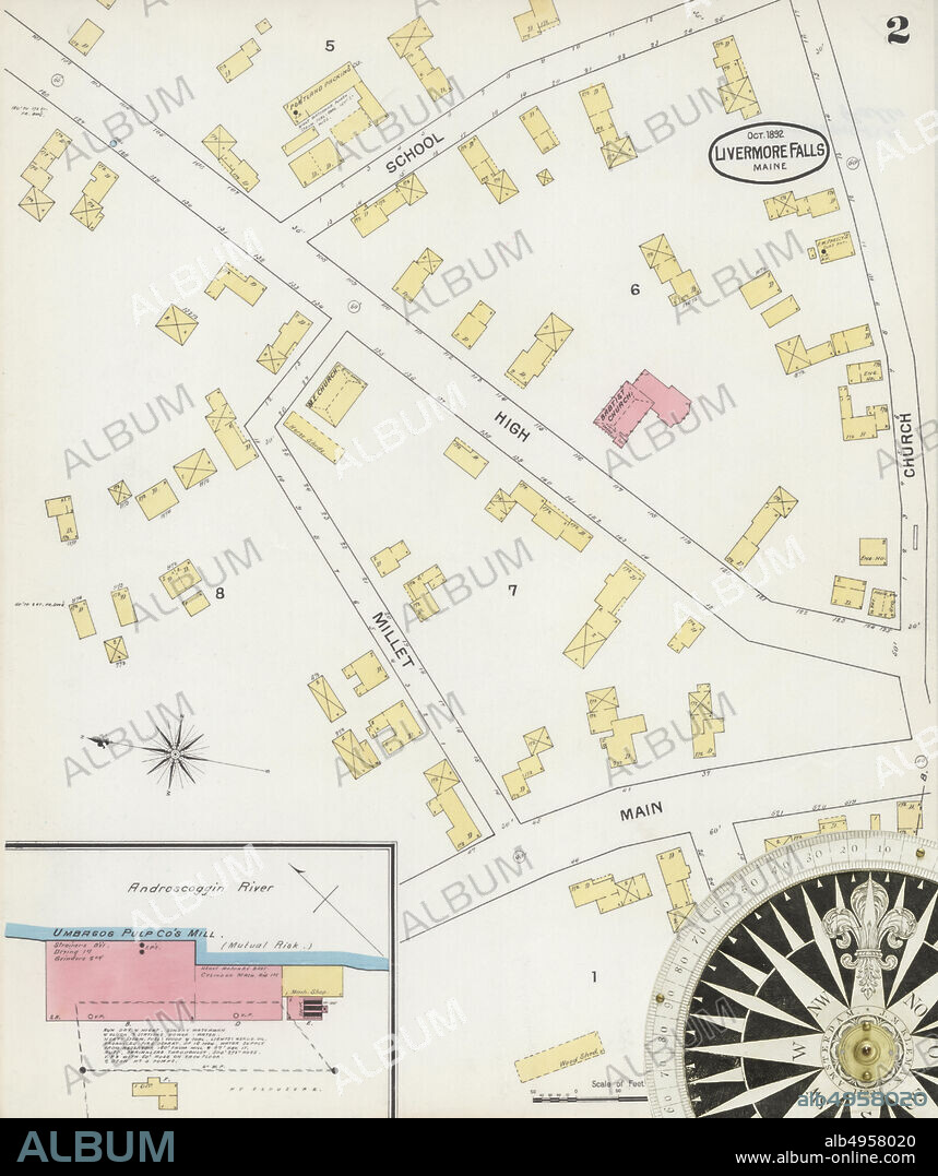 Image 2 of Sanborn Fire Insurance Map from Livermore Falls, Androscoggin County, Maine. Oct 1892. 2 Sheet(s), America, street map with a Nineteenth Century compass.