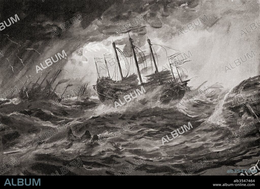 The wreck of Kublai Khan's Mongol fleet during the second invasion of Japan in 1281 due to the typhoon, Kamikaze, which destroyed most of the armada. From Hutchinson's History of the Nations, published 1915.