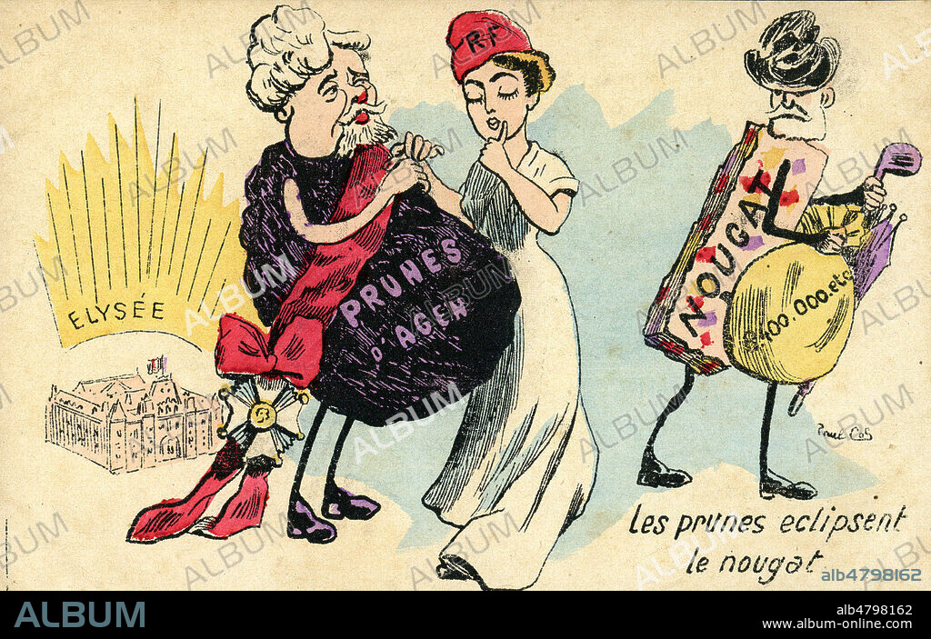 'Les prunes eclipsent le nougat' : caricature de FALLIERES elu President de la Republique, qui succede a LOUBET. Illustration par Paul COS pour une carte postale vers 1906. Credit : Collection IM/KHARBINE-TAPABOR.