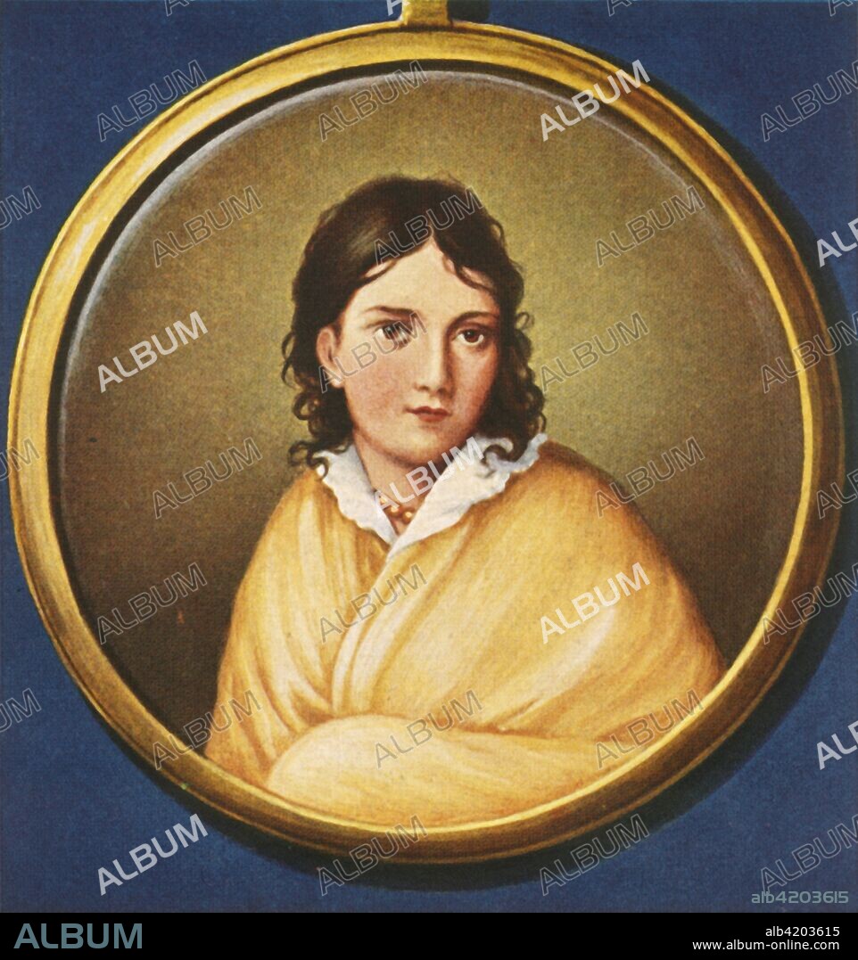 'Bettina von Arnim', (1933). Portrait of German writer Bettina von Arnim (1785-1859) who was a friend of Beethoven and Goethe. She was a polymath, being involved in publishing, music composition, illustration, patronage of the arts and social activism. From "Gestalten Der Weltgeschichte", a book of cigarette-card portrait miniatures of figures in world history from the last four hundred years. [Germany, 1933].