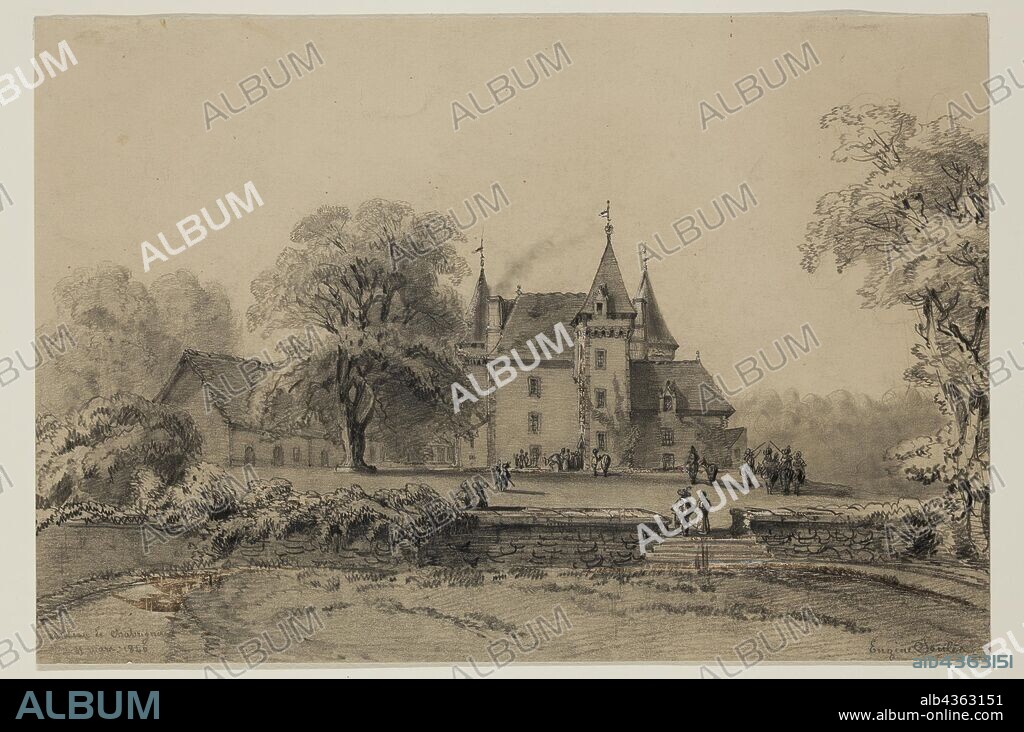 Eugène Edouard Soulès, French, 1811-1876, Chateau de Chabrignac, 19th century, graphite pencil and brown wash with white on taupe wove paper, Sheet: 7 3/8 × 10 7/8 inches (18.7 × 27.6 cm).