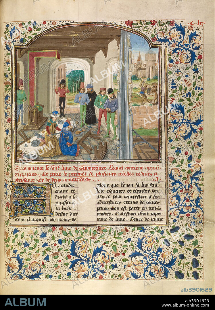 MASTER OF THE JARDIN DE VERTUEUSE CONSOLATION AND ASSISTANT. Alexander Fights with a Lion and Kills Clitus. Date/Period: Ca. 1470 - 1475. Folio. Tempera colors, gold leaf, gold paint, and ink on parchment. Height: 432 mm (17 in); Width: 330 mm (12.99 in).
