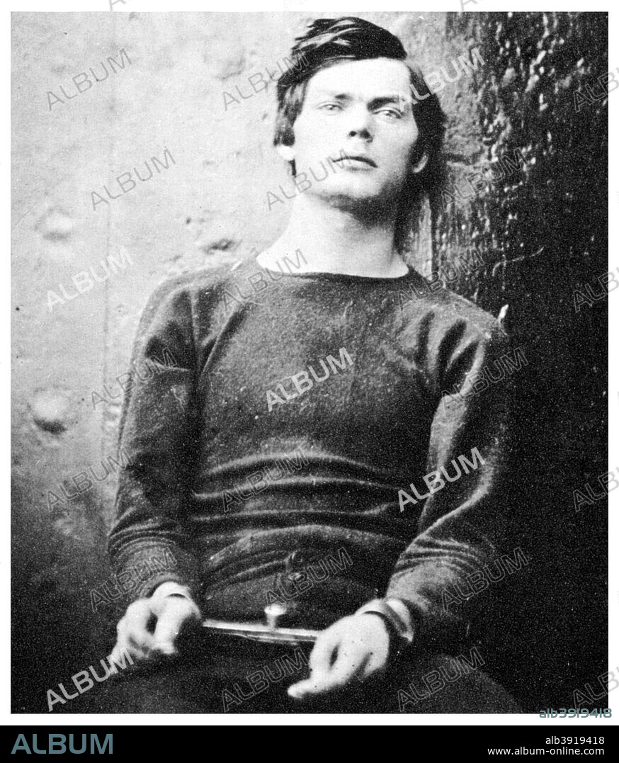 Lewis Powell, member of the Lincoln assassination plot, 1865 (1955). Also known as Lewis Payne, Powell (1844-1865) was one of four people hanged for their involvement in the conspiracy to assassinate President Abraham Lincoln in 1865. He attempted, unsuccessfully, to assassinate US Secretary of State William H Seward. Powell is pictured in irons on board the warship USS 'Saugus', where he was incarcerated after his capture. A print from Mathew Brady Historian with a Camera by James D Horan, Bonanza Books, New York, 1955.