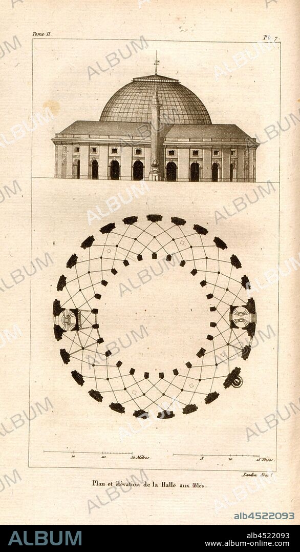 Plan and elevation of the Hall of Wheat, Floor plan and facade Bourse de commerce in Paris, Pl. 7, after p. 36, p. 54, J. G. Legrand; C. P. Landon: Description de Paris et de ses édifices: avec un précis historique et des observations sur le caractère de leur architecture, et sur les principaux objets d'art et de curiosité qu'ils renferment. Seconde édition, corrigée avec soin dans toutes ses Parties, et considérablement augmentée. Bd. 2. Paris. Strasbourg. Treuttel et Würtz, 1818.