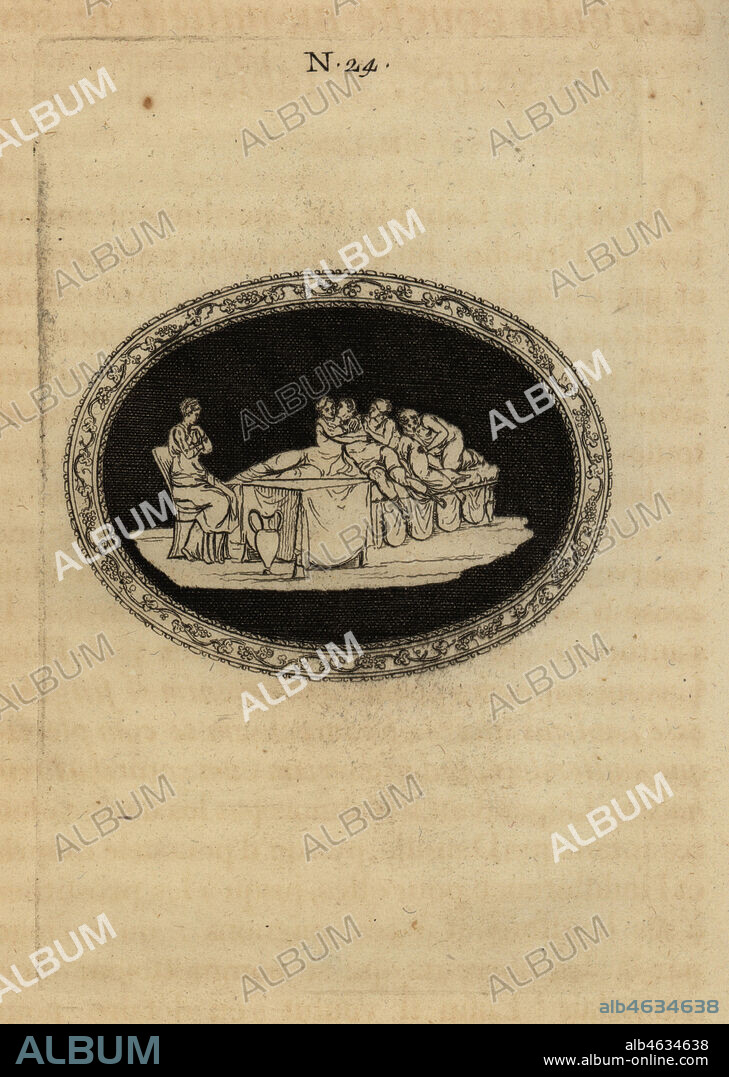 Emperor Caligula sleeping with his three sisters at the dining table. Caligula having sex with Agrippina the Younger, Julia Drusilla and Julia Livilla while a slave attends. Caligula couche au milieu de ses trois soeurs a table. Copperplate engraving from Pierre-Francois d'Hancarvilles Monumens de la Vie Privee des Douze Cesars, Chez Sabellus, Capri (Monuments of the Private Lives of 12 Caesars, Leclerc, Nancy) 1780. From imaginary Spintria, medals and cameos.