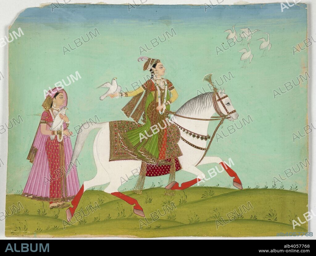 Chand Bibi hawking. Hyderabad, c.1800. Chand Bibi (d.1599, wife of 'Ali 'Adil Shah I of Bijapur) is out hawking on a white horse, moving across a field in the direction of four flying cranes. A hawk is about to be released from her right hand. A girl attendant stands on the left with a second bird. Inscribed on reverse in Persian: 'tasvir-i Chand bibi' (portrait of Chand Bibi). Gouache with gold. 156 by 201 mm.   Originally published/produced in Hyderabad, c.1800. . Source: Add.Or.3849,.