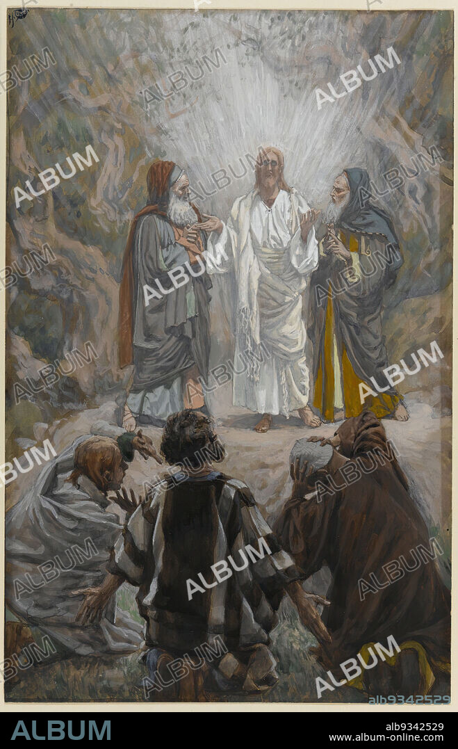 The Transfiguration, La transfiguration, The Life of Our Lord Jesus Christ, La Vie de Notre-Seigneur Jésus-Christ, James Tissot, French, 1836-1902, Opaque watercolor over graphite on gray wove paper, France, 1886-1896, Image: 9 1/2 x 6 1/16 in., 24.1 x 15.4 cm, apostles, awe, Bible, Biblical, Catholicism, Christ, Christianity, divine, Elijah, fear, French, glow, God, illuminated, Jesus, messiah, Moses, New Testament, Religion, Religious, Tissot, Transfiguration, wonder.