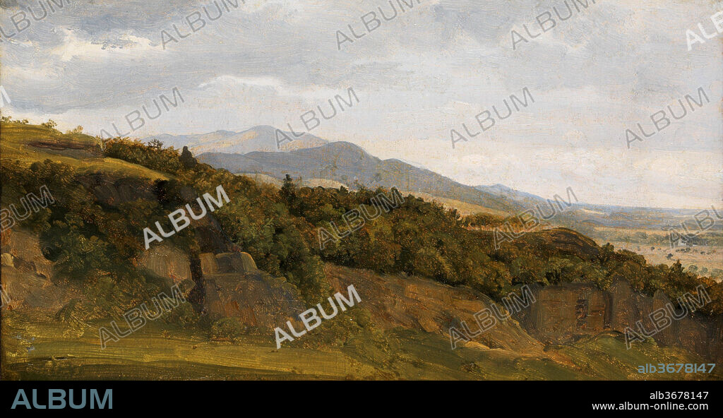 German Landscape with View towards a Broad Valley. Artist: Fritz Petzholdt (Danish, Copenhagen 1805-1838 Patras). Dimensions: Original paper support: 5 3/16 x 9 11/16 in. (13.2 x 24.6 cm)
Paper support mounted on stretched canvas: 5 13/16 x 10 1/4 in. (14.8 x 26 cm). Date: ca. 1829-30.
Of all the followers of Christoffer Wilhelm Eckersberg (1783-1853), the founding father of the Golden Age of Danish painting, only Petzholdt devoted himself exclusively to landscape. Although the precise location of this small view has not been determined, it was evidently painted in Germany, where the artist sketched in 1829 and again the following year.
