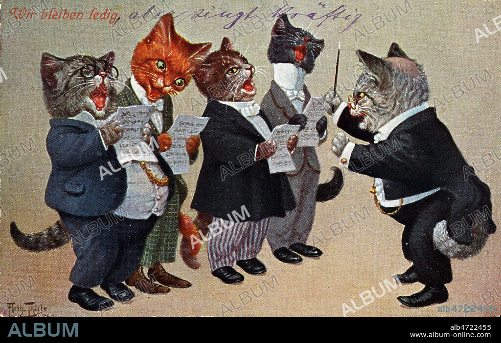 Chorale de CHATS avec chef de choeur, carte postale allemande illustree par Arthur THIELE (1860-1936) envoyee en 1916, faisant partie d'une serie. Credit IM/Kharbine Tapabor.