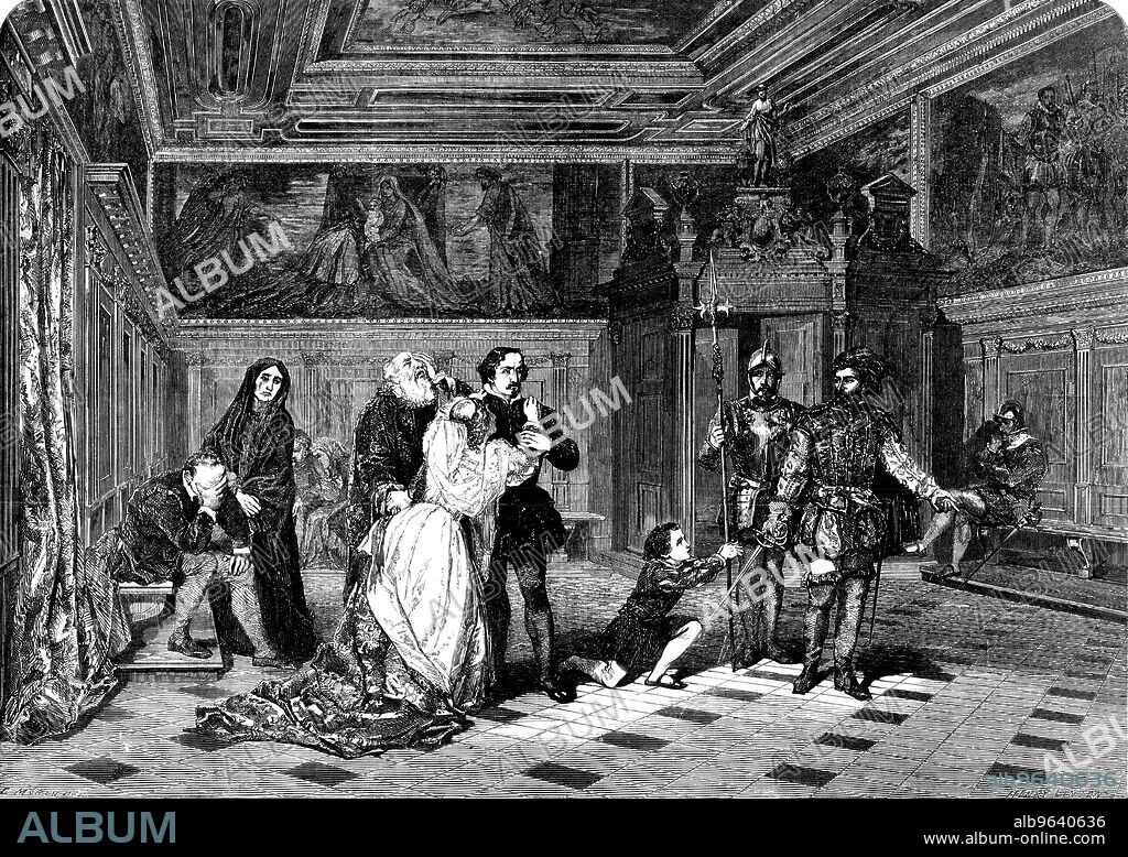 HENRY DUFF LINTON. Antechamber of the Tribunal of the Inquisition, in the Ducal Palace, Venice - painted by L. Haghe - from the Exhibition of the New Society of Painters in Water Colours, 1856. Engraving of a painting. 'Mr. Haghe has found his subject in the "Statute de l'lnquisition d'Etat"...With what skill and character Mr. Haghe has told a touching story let our large Engraving tell'. From "Illustrated London News", 1856.