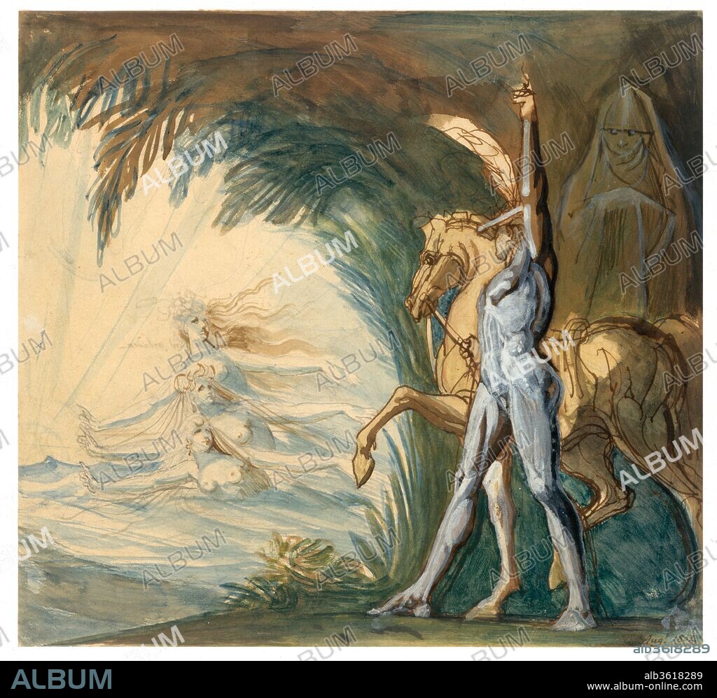 JOHANN HEINRICH FüSSLI. Hagen and the Nymphs of the Danube. Artist: Henry Fuseli (Swiss, Zürich 1741-1825 London). Dimensions: 12 5/16 x 13 1/4 in.  (31.2 x 33.6 cm). Date: 1802.