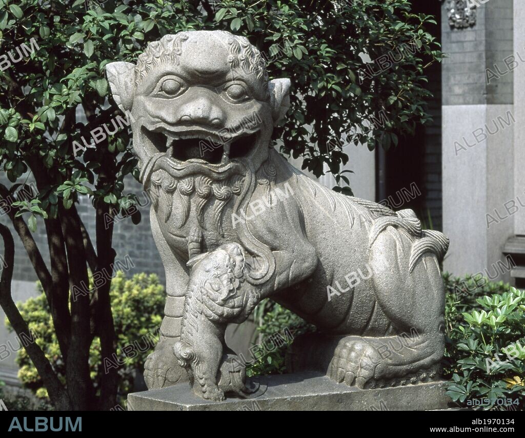 Stone lion at the ancestral temple of the Chen family in Canton, or Guangzhou, China. Chinese civilization, 19th century.