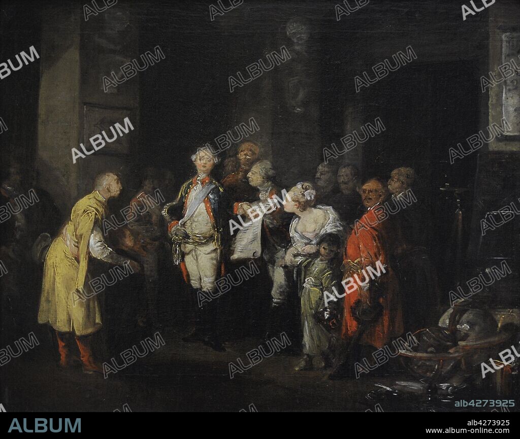 Estanislao II Augusto Poniatowski (1732-1798). Rey de Polonia. El rey Estanislo Augusto Poniatowski en la Escuela de Cadetes, 1774-1783, por Jan Piotr Norblin de la Gourdaine (1745-1830). Galería de Arte Polaco del siglo XIX (Lonja de los Paños, Sukiennice). Museo Nacional de Cracovia. Polonia.