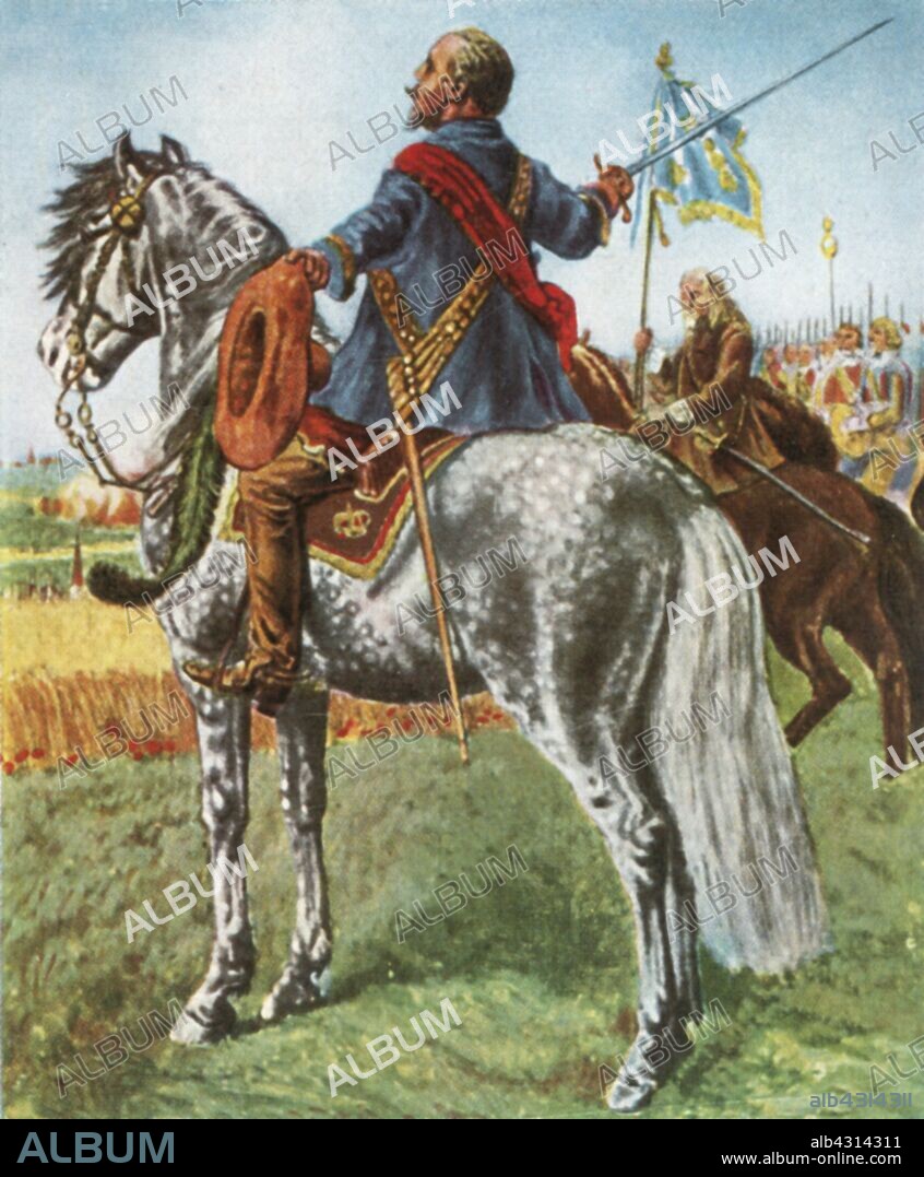 King Gustavus Adolphus of Sweden, (1936). Gustav II Adolf (1594-1632) at the Battle of Battle of Breitenfeld in 1631. His victory induced many Protestant German states to ally with Sweden against the German Catholic League. From "Bilder Deutscher Geschichte", (Pictures of German History), No.12, cigarette card album. [Cigaretten-Bilderdienst, Altona-Bahrenfeld, Hamburg, Germany, 1936].