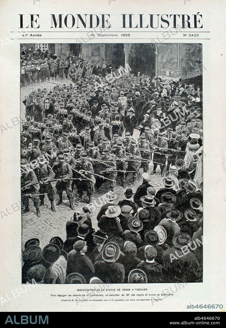 'Inauguration de la statue de Ernest RENAN a Treguier le 13 septembre 1903. Pour degager les abords de la cathedrale, un bataillon du 48e est requis et croise la baionnette.' L'evenement a suscite des troubles dans la ville natale de l'auteur dont les ecrits n'etaient pas apprecies de tous les catholiques. Illustration de Monde Illustre du 19/09/1903. Credit: Collection Kharbine-Tapabor.