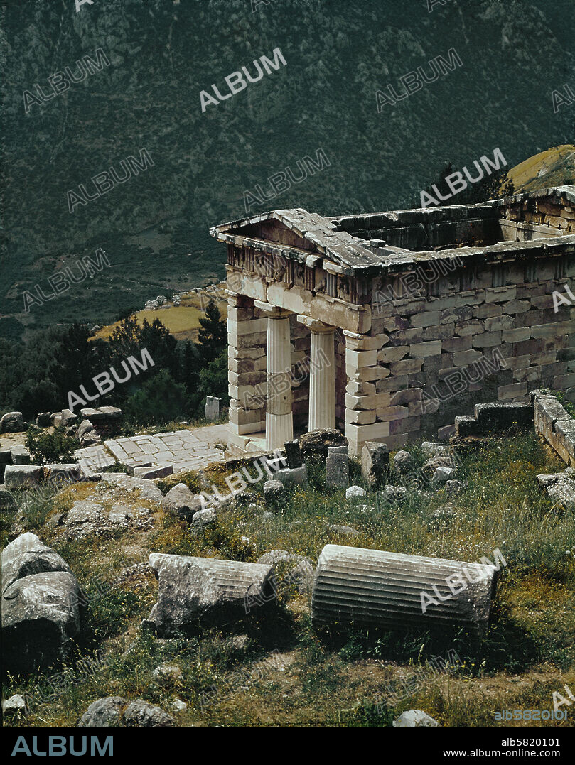 Treasure House of the Athenians, Delphi. Greek cities erected such treasure houses to store war spoils dedicated to the gods. The Treasure House of the Athenians contained spoils from the battle of Marathon (490-489 BCE). Marble. 6.89 x 10 m.