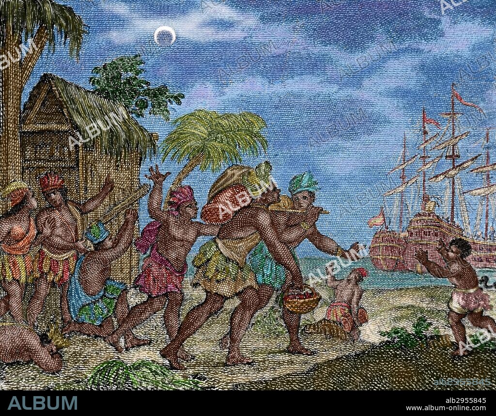 DESCUBRIMIENTO DE AMERICA. SIGLO XV. JAMAICA. La ísla fue descubierta por Cristóbal Colón en 1494, y el primer establecimiento español fué fundado en el año 1509. "Negándose los jamaicanos a dar víveres a Colón, en su segundo viaje, éste sabiendo que por la noche habría un eclípse de Luna, les dijo que Dios les negaría la luz y verificándose el eclipse, éstos le dieron abundantes provisiones". Grabado del año 1807. "Historia Verdadera de la Conquista de Nueva España". (Bernal Diaz del Castillo). Coloreado.