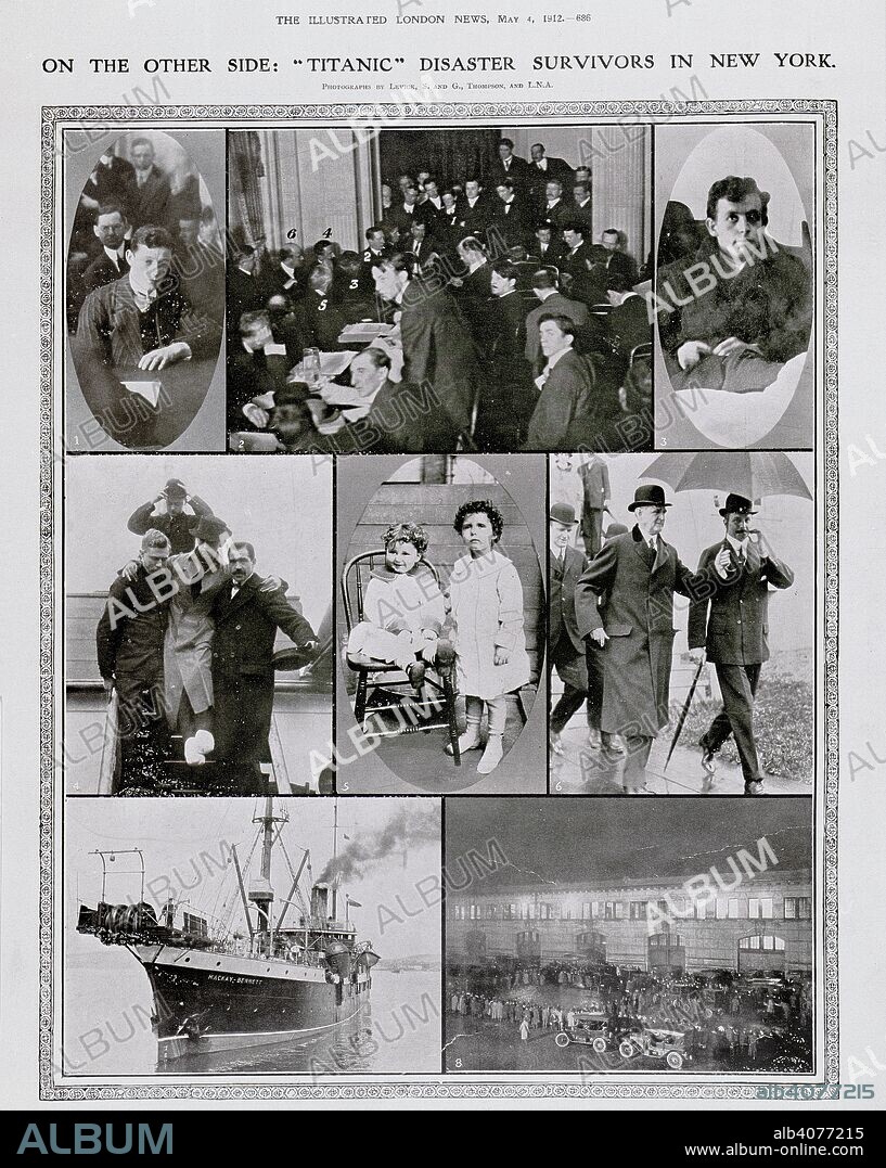 Titanic survivors. Illustrated London News. London, May 12, 1912. On the other side: Titanic disaster survivors in New York'. Photographs by Levick, S & G; Thompson, and L.N.A. Images as follows: 1. Mr Cottam, the wireless operator. 2. Before Senator Smith, the commission listening to witnesses. 3. Harold Bride, second wireless operator. 4. Carried ashore, Harold Bride. Mystery children for a while: Lolo and Momon Navratil. 6. On thier way to a meeting of the senatorial commision: Mr P.A.S. Franklin and Mr J. Bruce Ismay. 7. The funeral ship which went to recover bodies from the water. 8. Waiting to see the survivors.  Image taken from Illustrated London News.  Originally published/produced in London, May 12, 1912. . Source: Colindale, 686. Language: English.