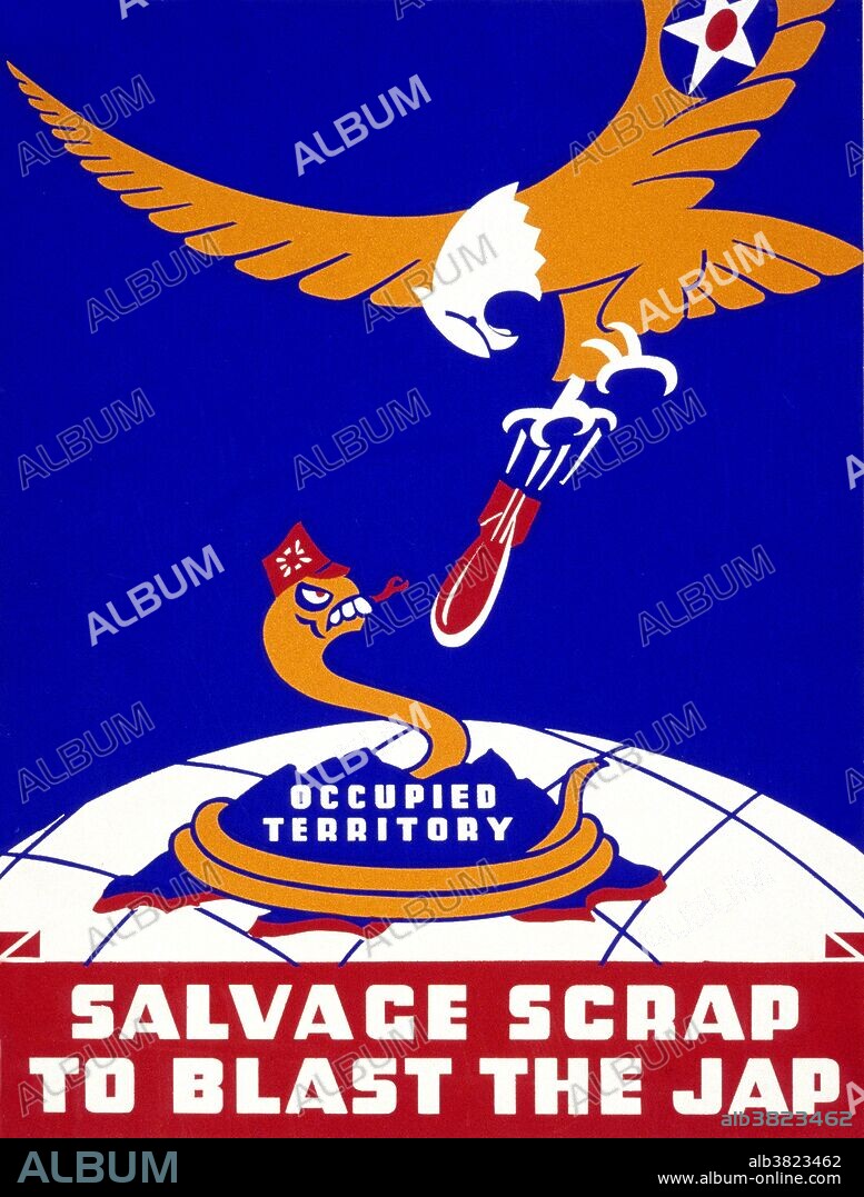 Entitled: "Salvage scrap to blast the jap". Poster for Thirteenth Naval District, United States Navy, showing a snake representing Japan being bombed by an eagle. The Federal Art Project (FAP) was the visual arts arm of the Great Depression era New Deal Works Progress Administration Federal Project Number One program in the United States. Funded under the Emergency Relief Appropriation Act of 1935, it operated from August 29, 1935, until June 30, 1943. Reputed to have created more than 200,000 separate works, FAP artists created posters, murals and paintings. Some works still stand among the most-significant pieces of public art in the country. The FAP's primary goals were to employ out-of-work artists and to provide art for non-federal government buildings. The program made no distinction between representational and nonrepresentational art. As a result, the program supported such iconic artists as Jackson Pollock before their work could earn them income. Created by Phil Von Phul, dated 1940-41.