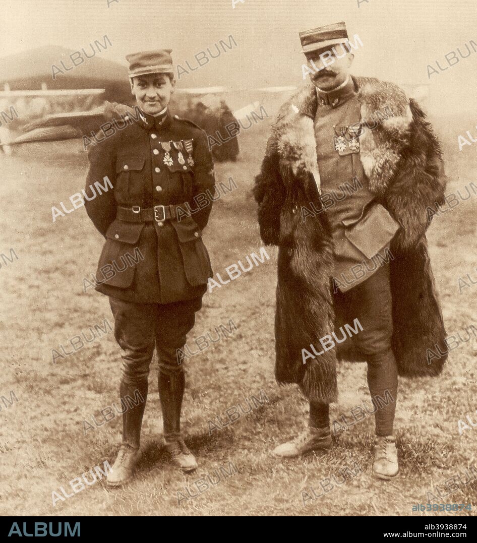 Lieutenant Georges Guynemer and Captain Felix Brocard, French fighter pilots, 5 February 1916. Photograph taken on the day of Guynemer's (left) 5th victory. Guynemer (1894-1917) became the first French ace to attain 50 victories, a mark he reached at the end of July 1917. As his tally grew, Guynemer was lionized by the French press and became a national hero, with his exploits going some way to taking the public's mind off the appalling losses being sustained in the trenches at the time. On 11 September 1917, with a total of 53 kills to his credit, Guynemer was apparently shot down after attacking a German observation plane. Neither his aeroplane nor his body were ever found. Captain Brocard commanded Guynemer's squadron, Groupe de Chasse No 12, known as 'The Storks'.