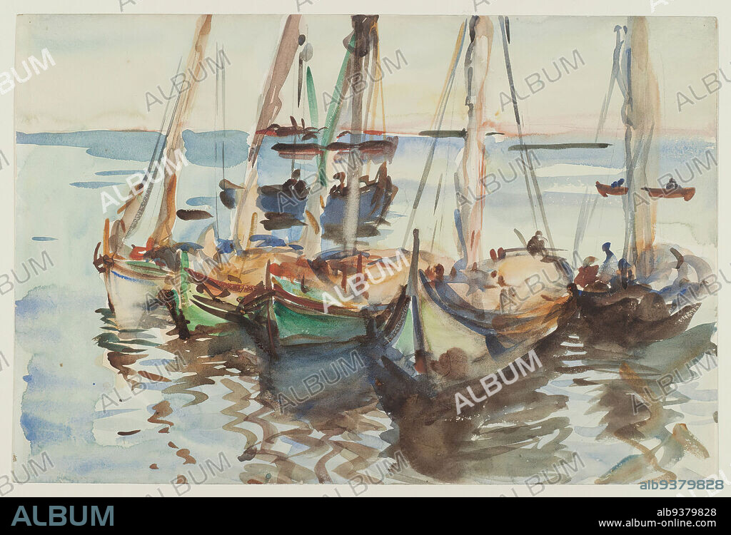 Portuguese Boats, John Singer Sargent, American, born Italy, 1856-1925, Translucent watercolor and touches of opaque watercolor with graphite underdrawing, ca. 1903, 12 x 18 1/16 in., 30.5 x 45.9 cm, American watercolor, Atlantic Ocean, Boat, marine, masts, ndd01, Portugal, rigging, ripples, sailboats, seascape, water.