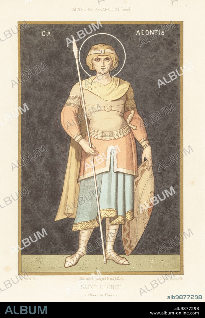 Saint Leonce of Tripoli, Phoenician soldier and martyr, 4th century. In Byzantine military costume of the 11th century. From a painting by Dominique Papety made in the Agia Lavra Monastery, Mt. Athos, now in the Louvre. Saint Leonce, Empire de Byzance, XIe Siecle. Chromolithograph by Emile Beau after an illustration by Claudius Joseph Ciappori from Charles Louandres Les Arts Somptuaires, The Sumptuary Arts, Hangard-Mauge, Paris, 1858.