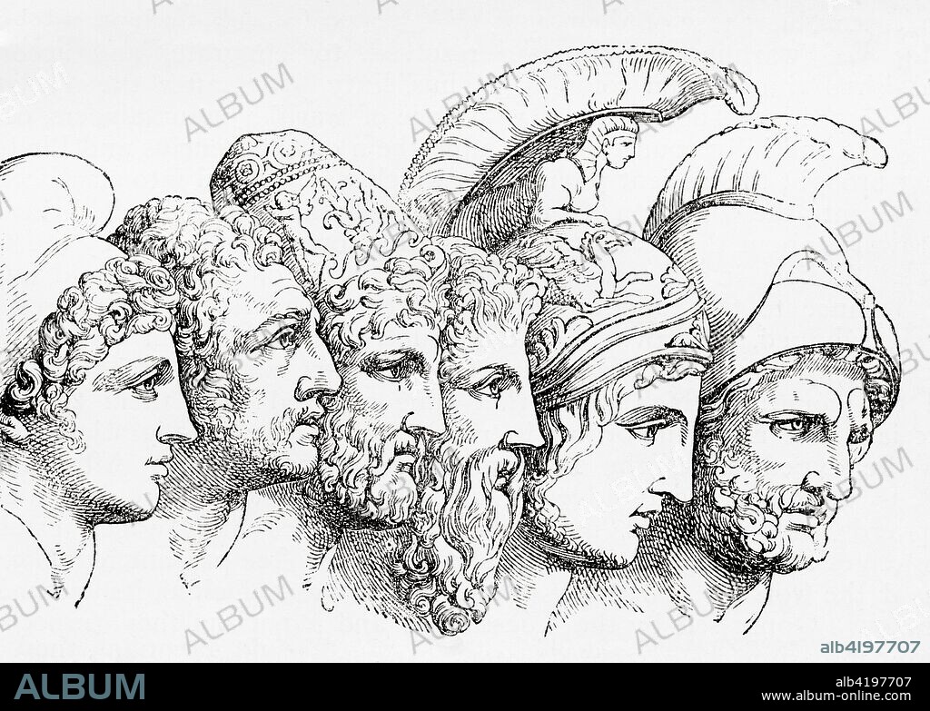 The heroes of the Trojan War. From left to right, Paris, Diomedes, Odysseus, Nestor, Achilles and Agamemnon.  From Ward and Lock's Illustrated History of the World, published c.1882.