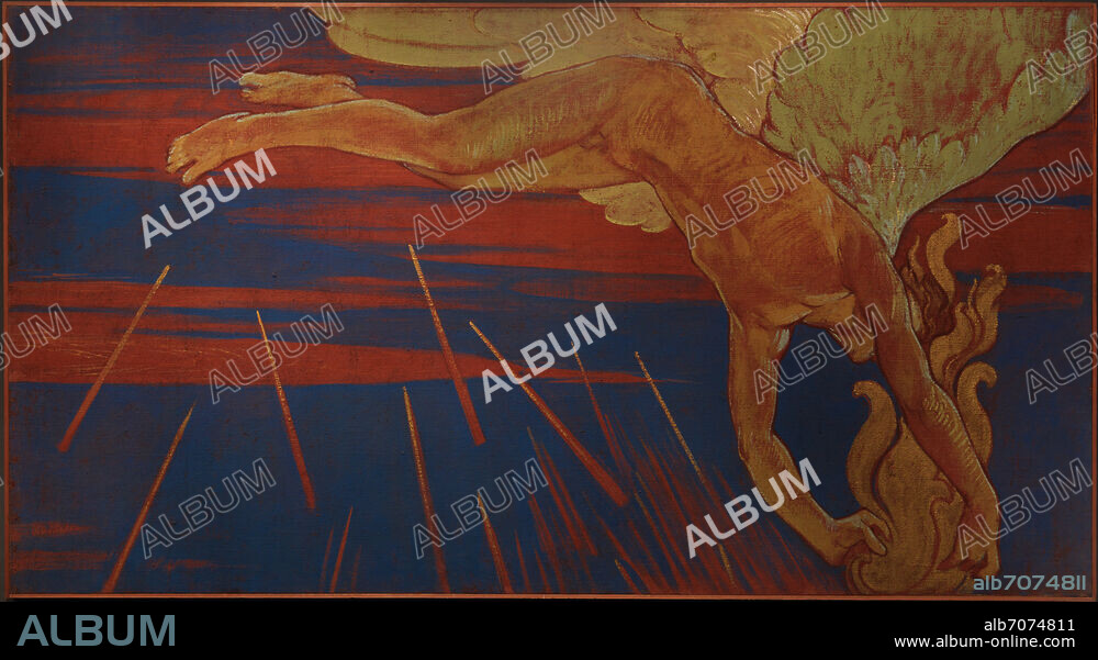 GALILEO CHINI. Chini, Galileo; 1873-1956. "La glorificazione dell'aviatore" (Die Verherrlichung des Fliegers), 1920. Aus einem Zyklus von vier dekorativen Gemälden "Glorificazione della Guerra e della Vittoria" (Verherrlichung des Krieges und des Sieges) im Italienischen Pavillon auf der Biennal di Venezia, XII. Esposizione internazionale d'Arte 1920. Mischtechnik (Tempera und Purpur) auf Leinwand, 125 x 235,5 cm. Inv. Nr. 8001686. Venedig, Biennale di Venezia, Archivio Storico delle Arti Contemporanee.