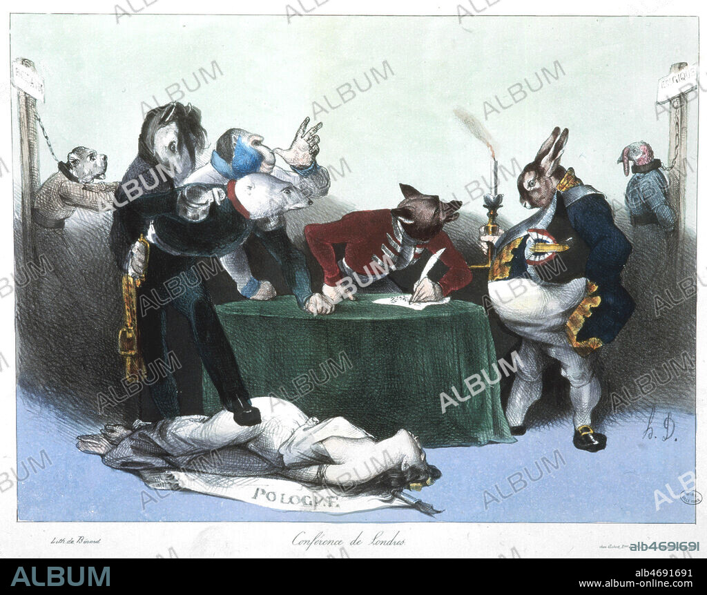 'Conference de Londres' gravure d'Honore Daumier, 1832 : le Royaume Uni (le renard, au centre) la France (le lievre, representant le bedonnant Louis Philippe) l' Autriche (le singe) la Prusse (le cheval) et la Russie se reunissent lors de la Conference de Londres ou ils decident notamment de la separation des Pays Bas (a gauche en chien) et de la Belgique ( a droite en dindon) et des nouvelles frontieres entre Belgique, Pays Bas et Luxembourg. L'ours russe pietine la Pologne dont il a ecrase la revolution. Conference menee par l'ambassadeur francais Talleyrand. Caricature par DAUMIER (1808-1879) pour La Caricature, 1832. Credit : Collection Grob/KHARBINE-TAPABOR.