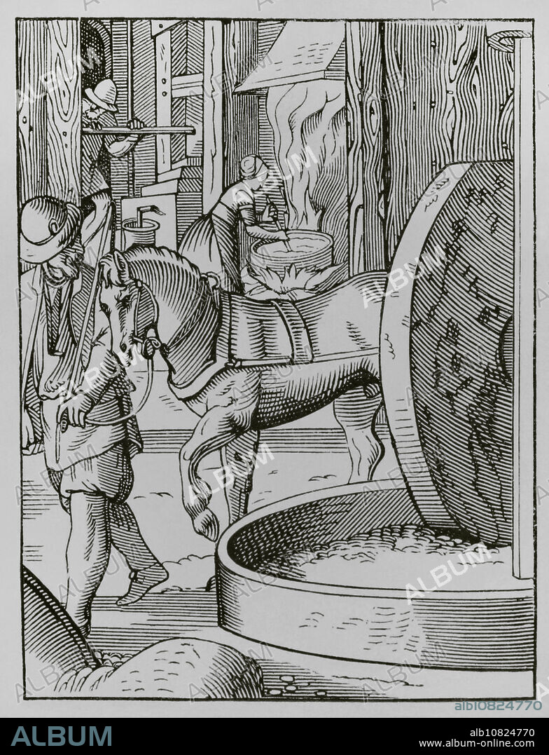 El fabricante de aceite. Facsímil de un dibujo y grabado por Jost Amman en el siglo XVI. "Moeurs, usages et costumes au moyen-âge et à l'époque de la Renaissance", por Paul Lacroix. París, 1878.