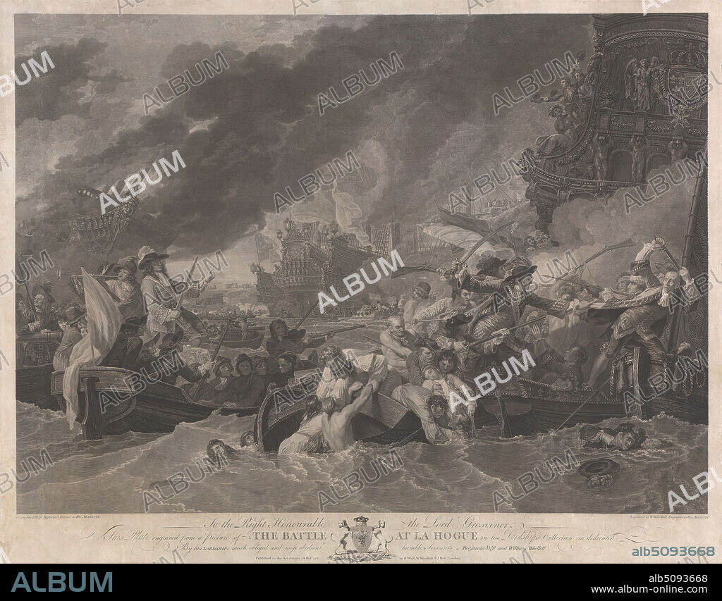 The Battle at La Hogue, William Woollett, 17351785, British, after Benjamin West, 17381820, American, active in Britain (from 1763), 1781, Etching and engraving on moderately thick, moderately textured, beige, laid paper, Sheet: 19 3/4 × 25 1/16 inches (50.2 × 63.7 cm) and Image: 16 7/8 × 23 3/8 inches (42.9 × 59.4 cm), battle, bayonets, boats, costume, death, drama, fire, flags, fleets, La Hogue, Battle of, 1692, marine art, military art, sea, ships, smoke, soldiers, swords, war.