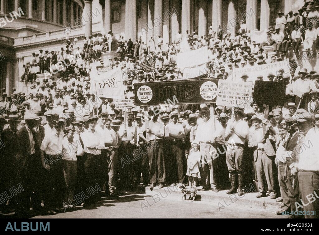 'Bonus Army' demonstrating outside the Capitol, Washington DC, USA, Great Depression, 1932. The 'Bonus Army' (Bonus Expeditionary Force) was a protest by First World War veterans (many of them made unemployed by the Great Depression), their families and supporters who demonstrated in Washington in the spring and summer of 1932. They demanded the immediate payment in cash of money due to them via Service Certificates granted by the Adjusted Service Certificate Law of 1924. The government insisted that the terms of the certificates meant that payment could not be made until they matured 20 years after they were issued. The demonstrations ended in violence after the government ordered forst the police, then the army, to clear the protesters from federal property. Four people were killed and over a thousand injured. Four years later, in 1936, Congress overrode a presidential veto to give the veterans early payment of their bonus.