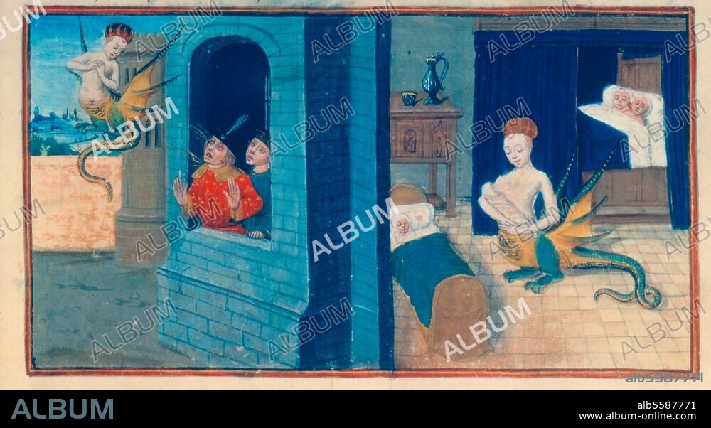 ANONYMOUS. Illumination, French, 15th century. "Melusine escapes Raimund who is in guise of a dragon / Melusine appears to feed her sons". Illustration to "Roman de Melusine". by Troubadours Couldrette (1401). Ms francais 383, fol. 30, Paris, Bibliothèque Nationale.