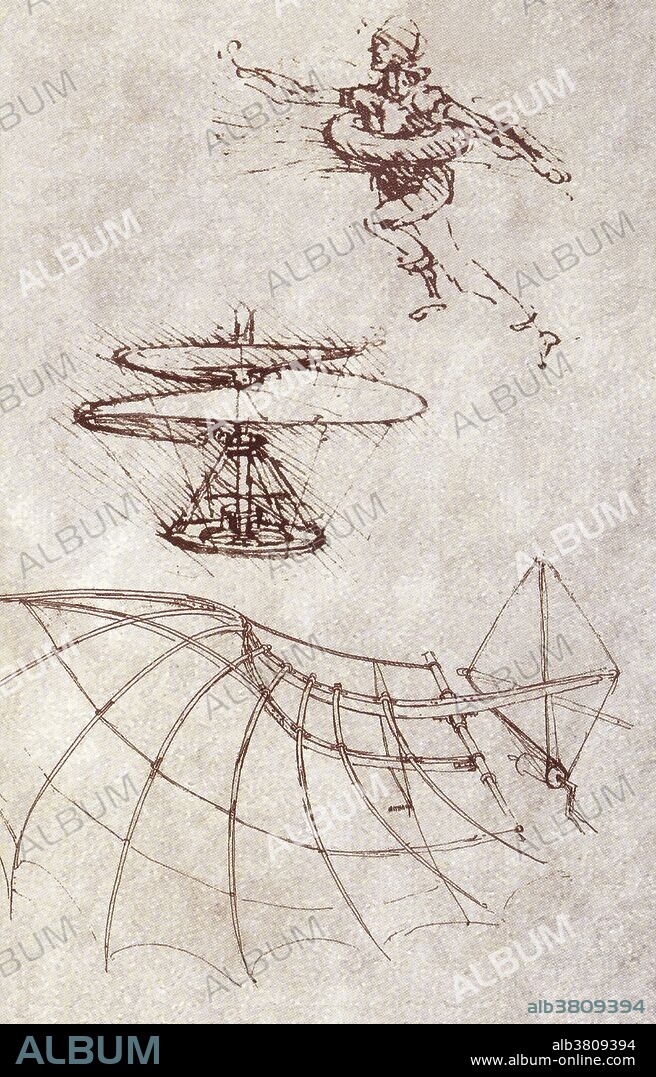 Drawings by Leonardo Da Vinci showing a life preserver, the aerodynamics of vertical flight, and a wooden wing operated by a hand crank.