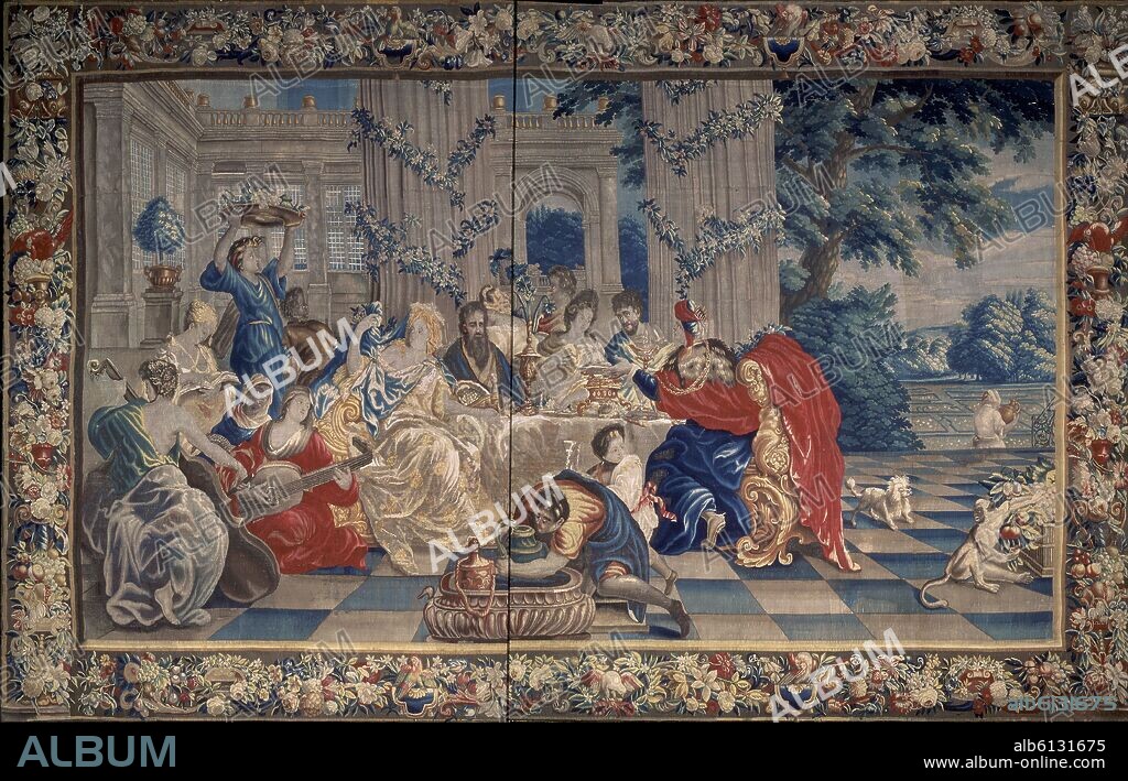 TAPIZ-EL FESTIN-TALLER DE AMBERES-FLANDES-1690-330X550 CM-LANA/SEDA.