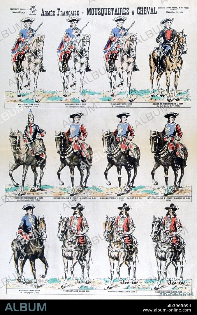 French Army; mounted musketeers, 17th century (19th century). French dragoons. A print from Imageries Réunies Jarville-Nancy, 19th century.