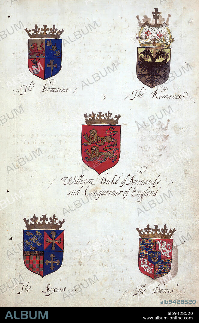 Book of English heraldry, Arms of the Brittains, the Romanes, William Duke of Normandy, Conquerour of England, the Saxons, the Danes, This book of English heraldry was completed ca. 1589. The manuscript belonged to the Spencer family, as known through inscriptions on the first few flyleaves, including the motto 'Dieu defende Le Droit' (God defends the right). This motto has long been associated with the Spencer family of England, which is the family line of Princess Diana, as well as the Spencers who were among the founders of Virginia. The Spencer family's heraldry is included in the manuscript, along with the coats of arms of numerous prominent British families, including the Hasting, Gray, Beuford, and Percye families.