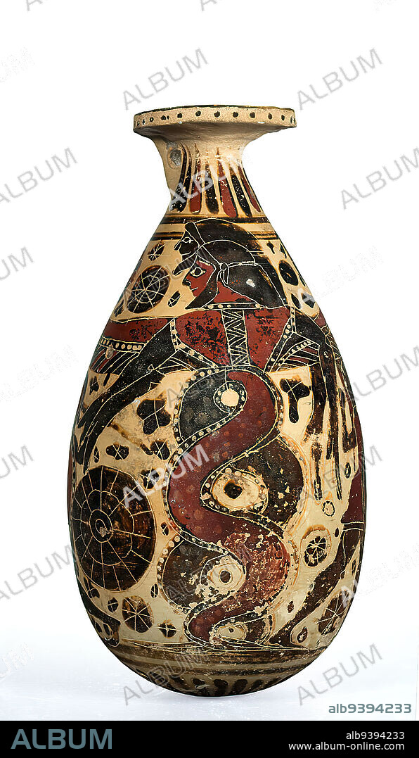 Otterlo painter, alabastron (typhon and warrior in duel), clay, turned, hand modeled, painted (pottery), fired (pottery), clay, Total: Height: 20.9 cm; Diameter: 11 cm, pottery, typhon's battle against the gods, battle (duel), war, early archaic, Greek antiquity, In the 7th century BC, Corinth rose to be the most important trading power among the Greek poleis. Especially the Corinthian pottery, which can be found throughout the Mediterranean region, is evidence of the far-reaching contacts. Numerous other artistic landscapes, above all Athens, were influenced by Corinthian ceramics. In some cases, it enjoyed such popularity that the Etruscans living in northern and central Italy not only imported it but also copied it. In addition, a complex firing process and the black-figure technique were developed in Corinth, which formed the basis of the flowering of Greek vase art. Characteristic is the light yellow tone of the vessels. The majority of Corinthian vases are decorated in 'animal style', with rows of real animals and mythological creatures. Their arrangement, the rosettes, the use of additional colors, and thus the overall appearance are always reminiscent of textiles that may have served as a basis. In addition to the animal friezes, however, riders, warriors and fights as well as drinking bouts (sympósion) were also depicted. Mythological motifs like on this alabastron are rarer. It depicts a double-bodied demon with sickle-shaped wings and outstretched pairs of arms. The serpentine bodies and heads were distinguished by an additional red coloration. In analogy to Attic vase paintings, the serpent body can probably be associated with Typhon, a son of the earth goddess Gaia and the underworld of Tartarus. Like the Titans and giants, Typhon also tries to climb Mount Olympus. With horrible roar he frightens the gods until Zeus opposes him. This fight is mostly to be found on the vase pictures. Before he was defeated, he and his wife are said to have sired several.